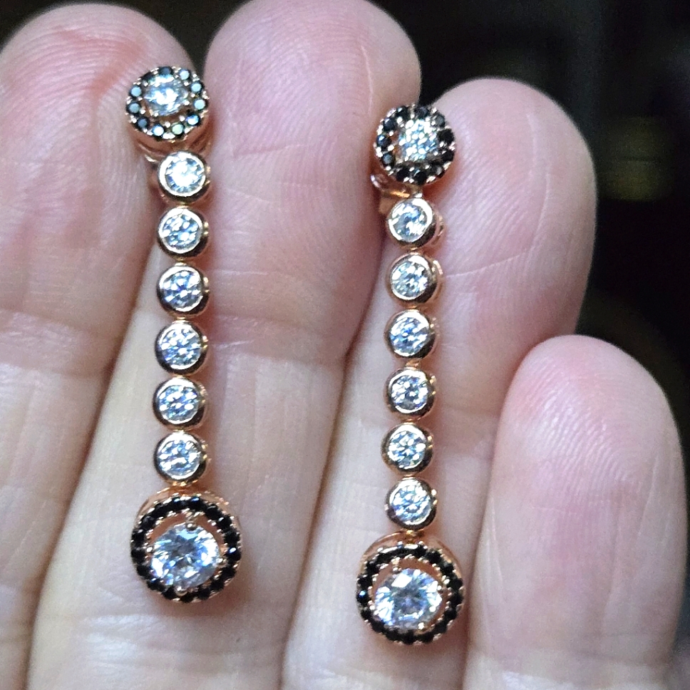 White Topaz & Onyx Silver & Rosegold Drop Earrings